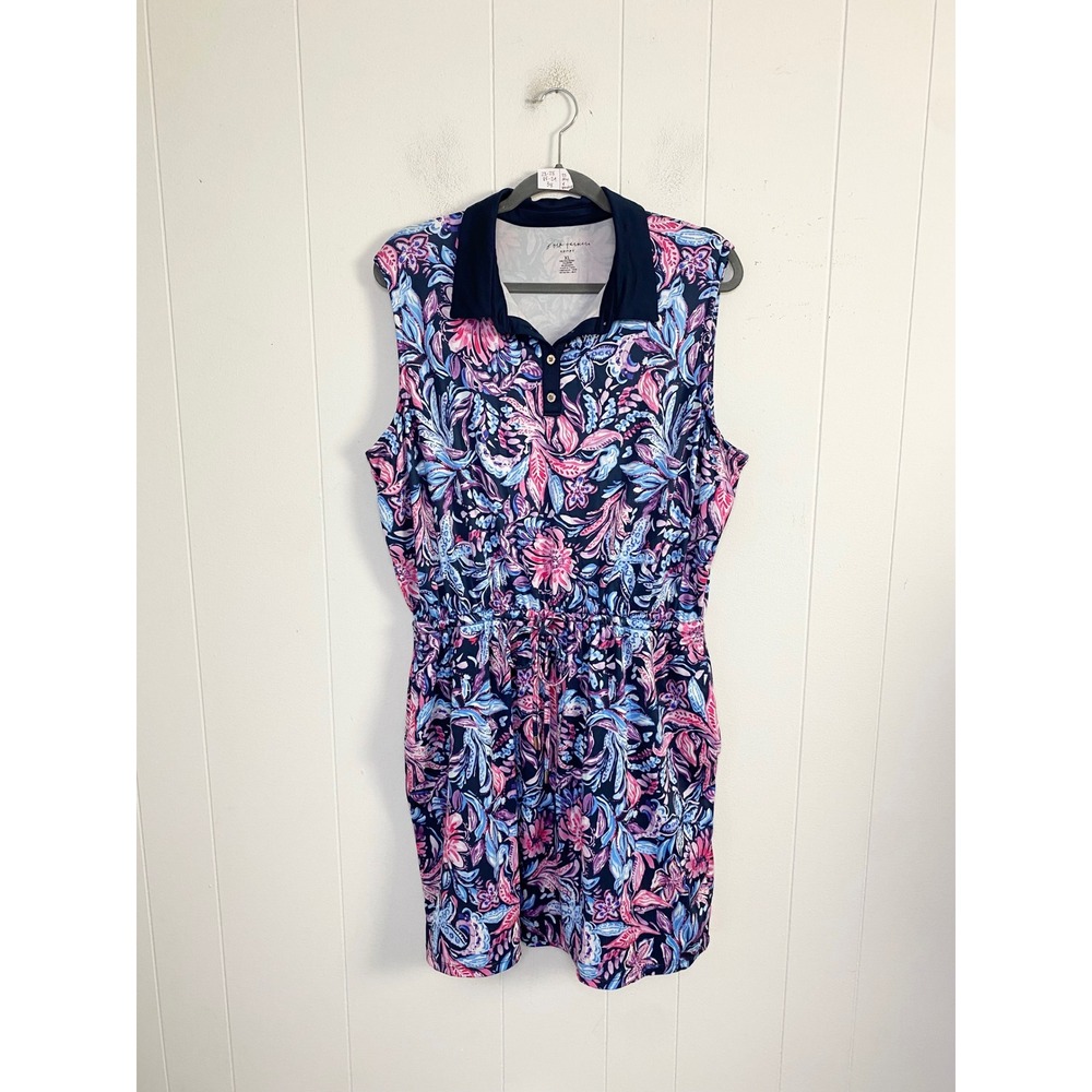 Stella Parker Sport Womens XL Floral Sleeveless Polo Dress Blue Pink Drawstring